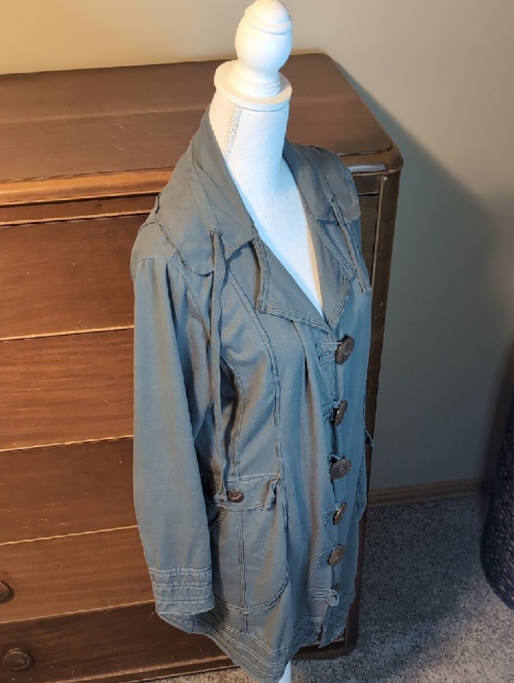 Neon Buddha Sage Green Gray Long Length Yoga Stretch Jacket Wooden Buttons XL - Picture 11 of 16